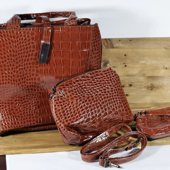 HARPER & HYDE Handbags - HARPER & HYDE 3Pcs Brown Croc Embossed Vegan Leather Tote Crossbody Bag,2 sm bag